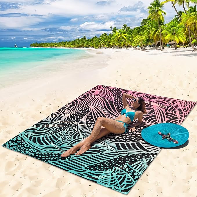 Beach Blanket Waterproof Sandproof Beach Mat 79”x 83” for 1-4 Adults Quick Drying Durable Outdoor Picnic Mat for Beach Festival Travel Camping Hiking (Gradiant BK-Ripple, 79"×83"(4 Person))