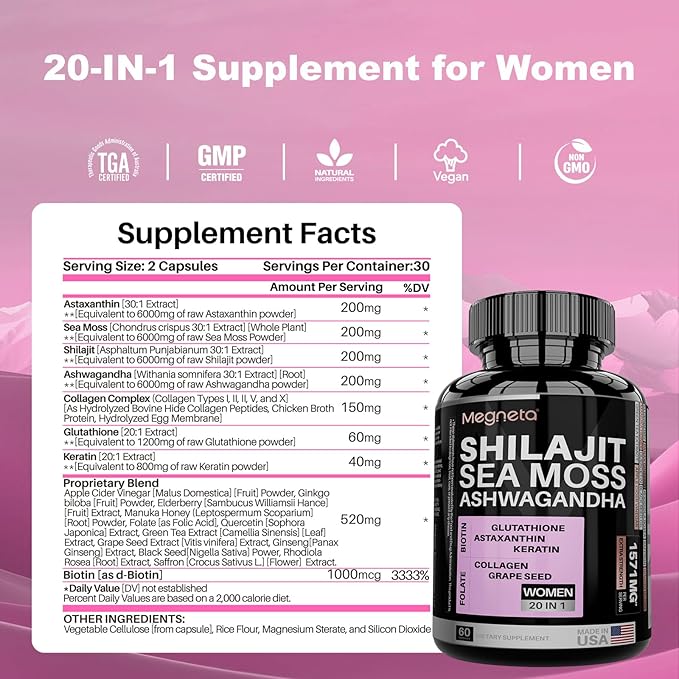 All-in-One Sea Moss, Shilajit, Ashwagandha & Glutathione Supplement for Women, Boosts Energy, 60 Capsules