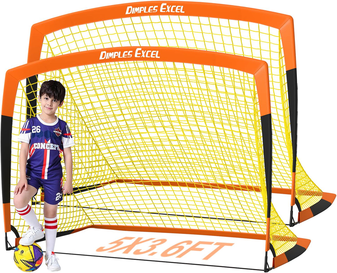 Dimples Excel Soccer Goals Kids Soccer Net for Backyard (5x3.6 FT 2 Set, Orange Black)