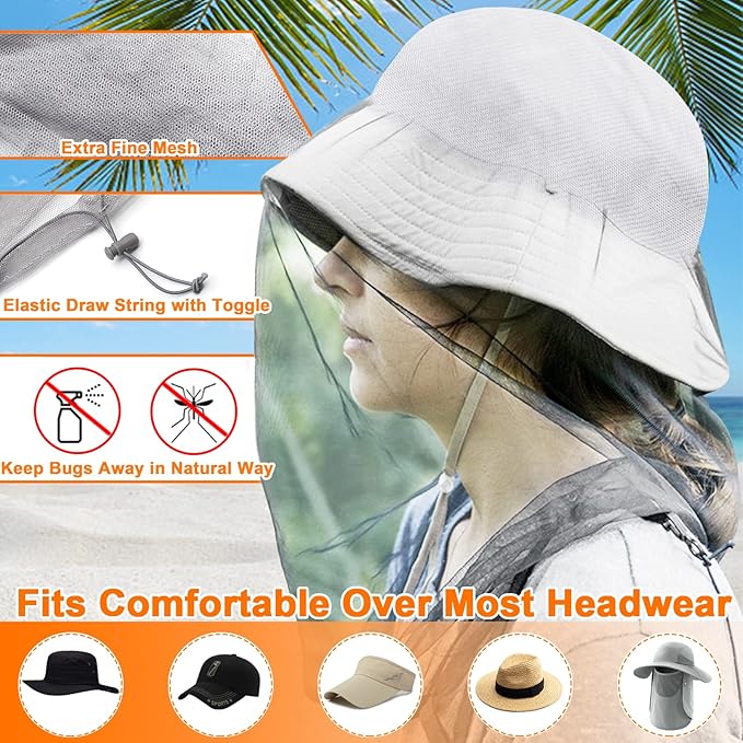 Benvo Mosquito Head Net Mesh, Face Neck Fly Netting Hood from Bugs Gnats Noseeums Screen Net for Any Outdoor Lover- with Carry Bags Fits Most Sizes of Hats Caps (2pcs, Grey, Updated Big Net)