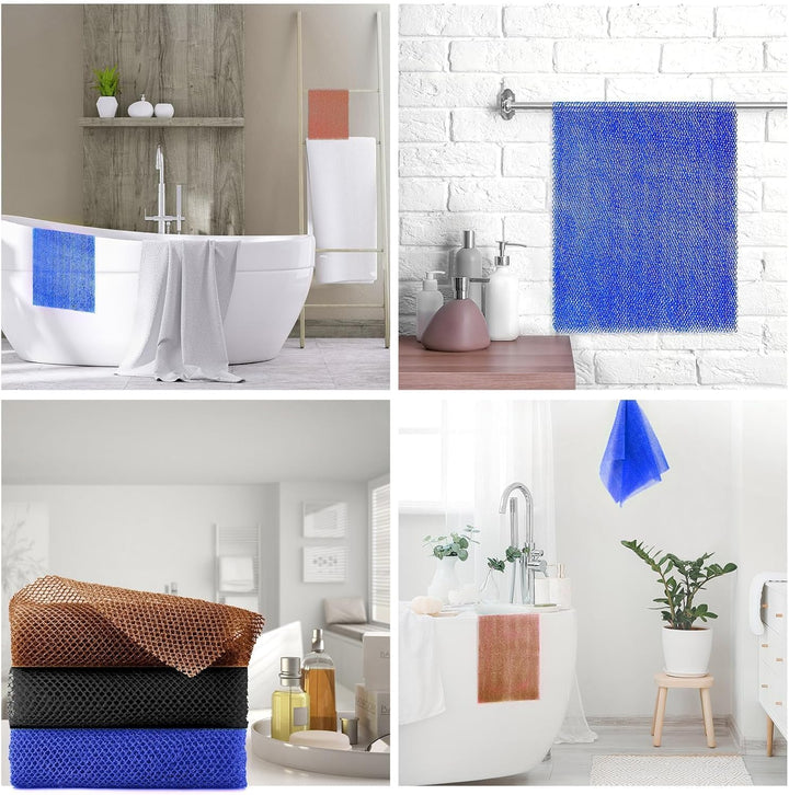 3-Piece African Net Bath Sponge Set | Exfoliating Body Scrubber | Black, Blue, Brown