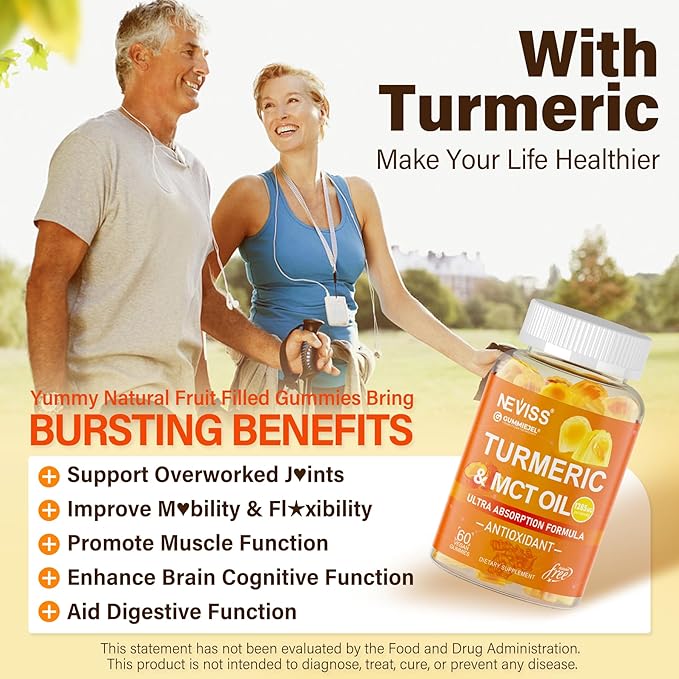 Turmeric Curcumin Gummies for Adults, with Medium Chain Triglycerides (MCT) Oil, Black Pepper Extract, Ultra Absorption, Sugar Free, 120 Gummies, 60 Servings