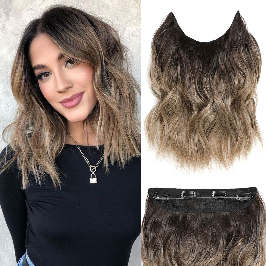 BUPPLER Halo Hair Extensions 12 Inch Invisible Wire Hair Extensions Adjustable Long Wavy Hairpiece Synthetic Upgrade 4 Secure Clips in Hairpieces 12 Inch,Ombre Dirty Blonde