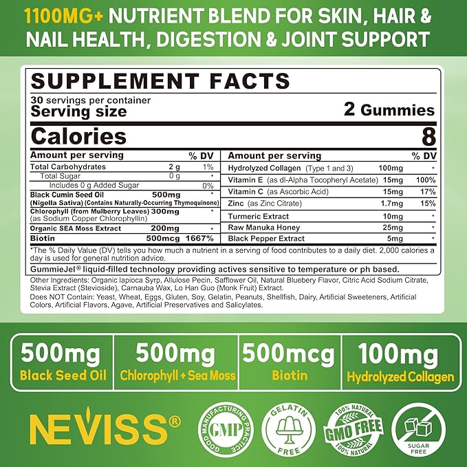 NEVISS Black Seed Oil Gummies, Chlorophyll & Sea Moss Supplement 500mg Ashwagandha Gummies 2000mg