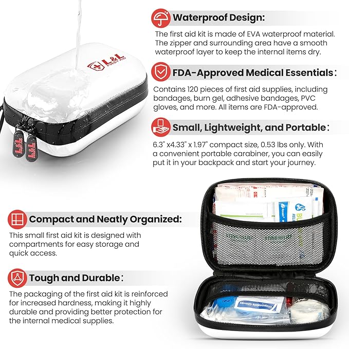 120-Piece First Aid Kit for Travel,Car & Emergency Survival - Compact Waterproof Medical Supplies with Trauma Bandages,Burn Gel & Fever Cooling Patch | Portable for Camping,Hiking,Sports(White)