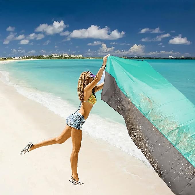 Beach Blanket Sandproof Extra Large Beach Mat Adults Waterproof Quick Drying,Big & Compact Sand Free Mat,Lightweight & Durable with 4 Stakes for Travel Camping Hiking Picnic (Green/Gray)