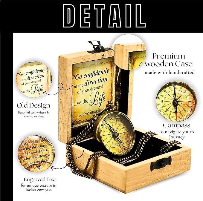 Antique Pocket Compass with Wooden Box for Gift on Birthday Compass Engraved with Inspirational Quotes, Brown Gift for Birthday Anniversary