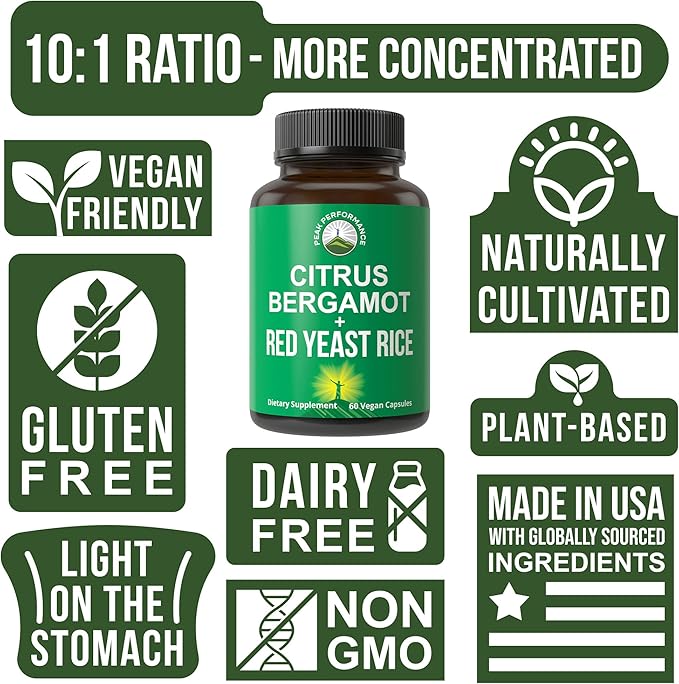Citrus Bergamot + Red Yeast Rice. 2-in-1 Supplement. High Strength 10:1 Bergamot Extract. No Gluten, Zero Sugar, Vegan Capsules