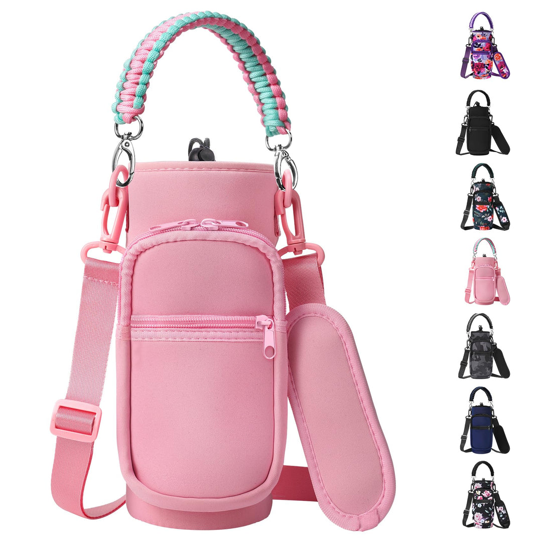 AceTreker 32 oz 40 oz Water Bottle Carrier with Strap, Sport Water Bottle Sleeve with Pocket & Paracord Handle, Insulated Flask Water Bottle Sling Bag for Walking, Hiking-Pink
