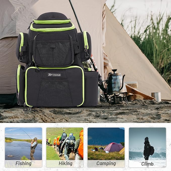 48L Large Fishing Tackle Backpack With Rod Holders, 4 Tackle Box, Protective Rain Cover - Water Resistant Storage Bag for Camping, Hiking, Hunting