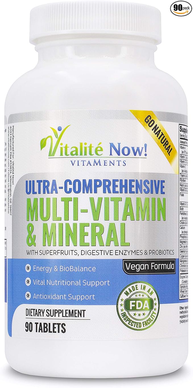 Vegan Whole Food Multivitamin & Mineral - Vitamins A B1 B2 B6 B12 C D3 E & 110 Super Foods, Herbs, Greens & Reds - Enzymes & Probiotics for Immune Support - Energy Boost - 90 Tablets