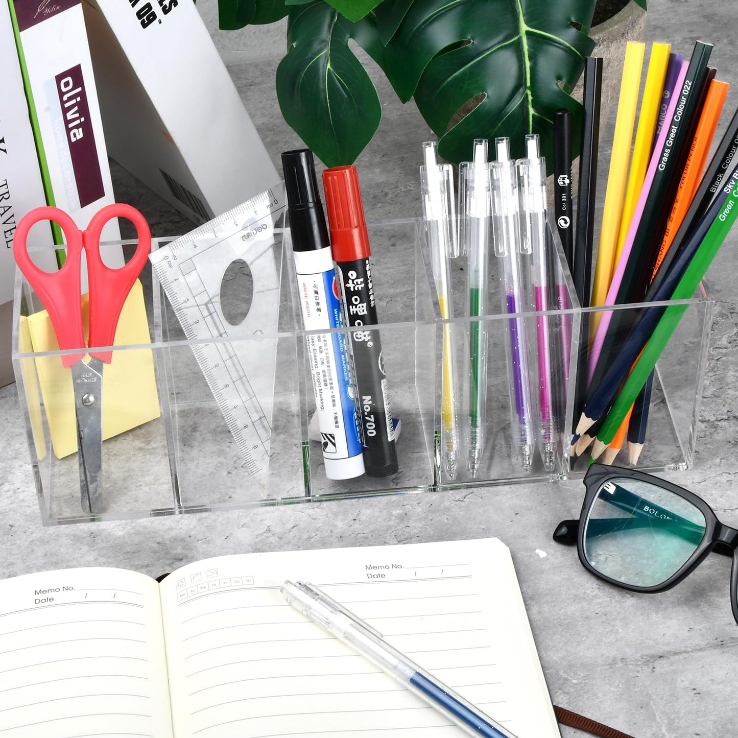 Acrylic Pen Pencil Holder, Transparent Makeup Brush Holder Organizer, Clear Pen Pot, 5 Compartments Desk Organizer, Desktop Stationery Storage for Office, Classroom, School Supplies, Vanity