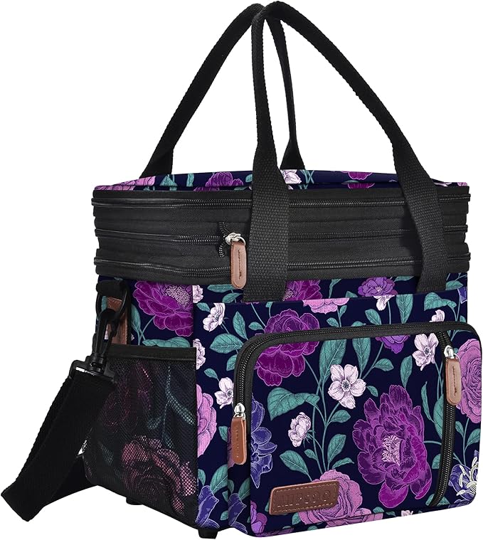 MIYCOO Lunch Bag for Women Men Double Deck Lunch Box - Leakproof Insulated Soft Large Lunch Cooler Bag, (Purple Flower,15L)