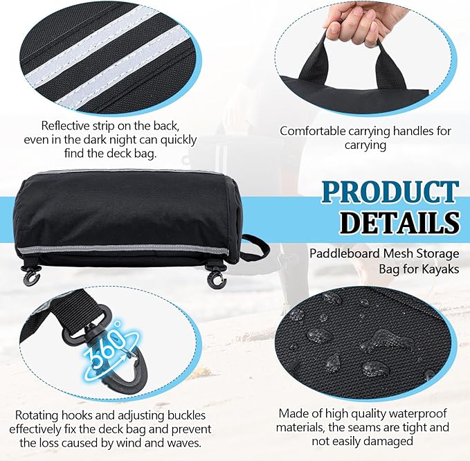 Abbylike Paddleboard Storage bag 15.4 x 11.4 Inch Black Waterproof Deck Bag Oxford Cloth Deck Cooler Pouch with Reflective Strip Swivel Hook Zipper Paddle Board Accessories for Summer Kayak Surfboard