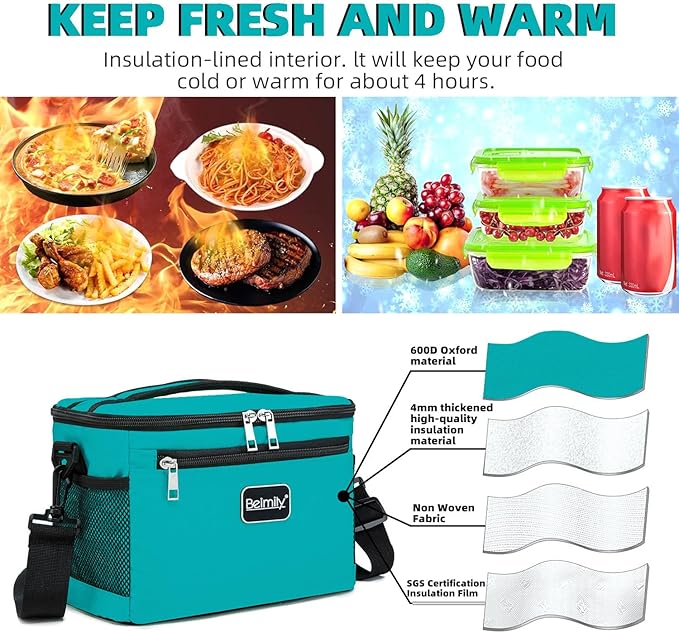 BEIMILY Lunch Box for Men/Women,Small Insulated Lunch Bag,Reusable LunchBox for work Picnic Hiking Beach,Leakproof Soft Cooler Tote Bag Organizer with Adjustable Shoulder Strap for Adults(Teal)