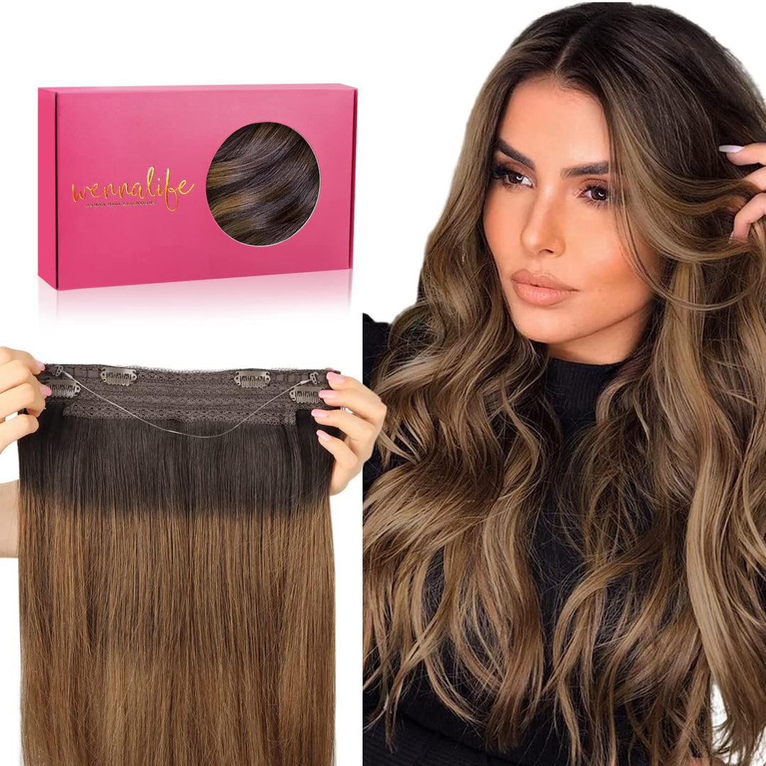 Wennalife Wire Hair Extensions (Increase 50% Lifespan) Real Human Hair 20 Inch 110G Dark Brown To Chestnut Brown And Dirty Blond