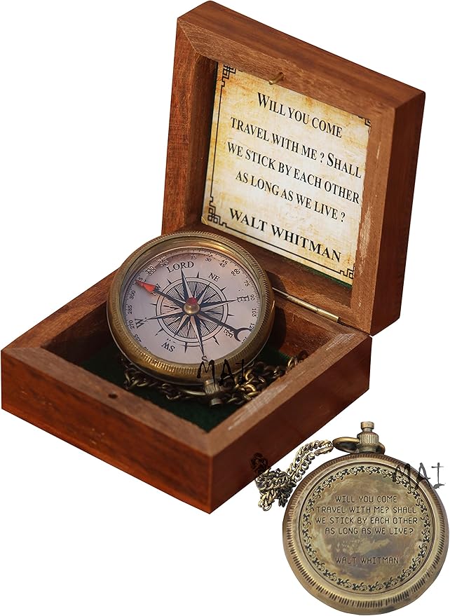 Will You Come Travel With Me? Shall We Stick By Each Other As Long As We Live? Vintage Quote Brass Compass with Wooden Box Scripture-WALT WHITMAN, Gifts Idea, Girls/Boys, Lovers, Husband, Wife, Fiancé