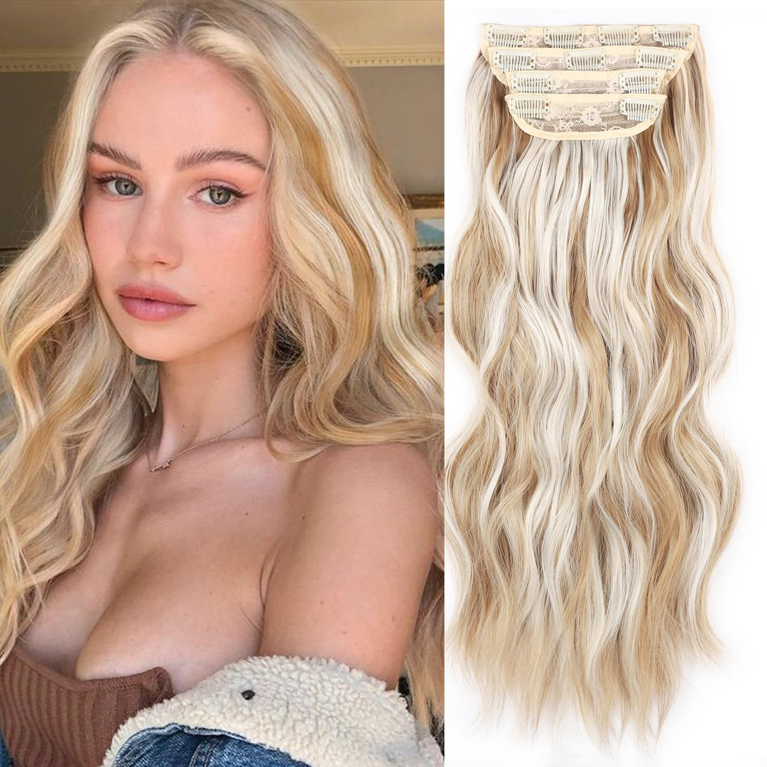 Synthetic Clip in Hair Extensions 20 Inch Caramel Brown Mixed Honey Blonde Hair Extensions for Women 4PCS Highlights Hairpieces for Women Long Wavy Hair Extensions Clip Ins (20INCH, P22/60A)