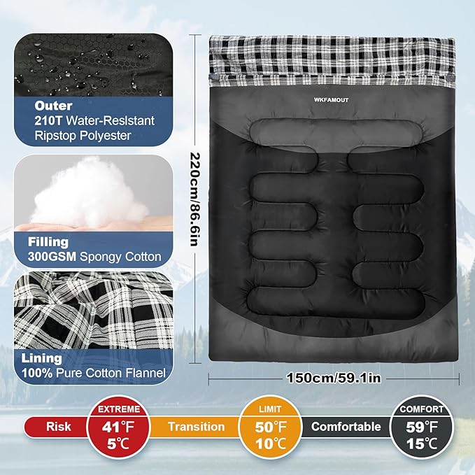 Cotton Flannel Double Sleeping Bag for Adults Machine Washable 2 Person Camping Sleeping Bag Queen Size Waterproof with Compression Sack for Cold Weather 3-4 Seasons