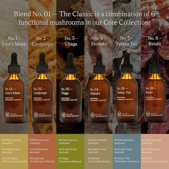 Blend No.1-6 Mushroom Blend Tincture Reishi, Chaga, Lions Mane, Turkey Tail, Cordyceps, & Shiitake, Natural Support Immunity Booster, Increase Energy & Cognitive Function (240 Servings)