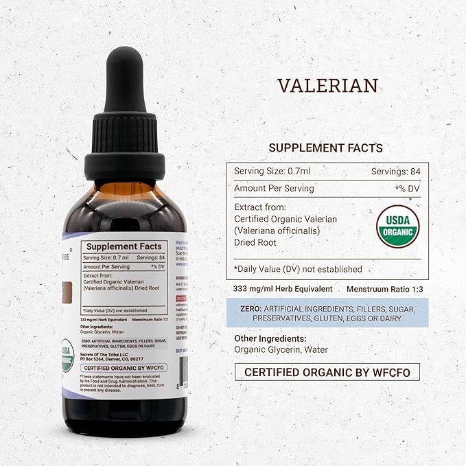 Secrets of the Tribe Valerian USDA Organic | Alcohol-Free Extract, High-Potency Herbal Drops | Made from 100% Certified Organic Valerian (Valeriana officinalis) Dried Root (2 oz)