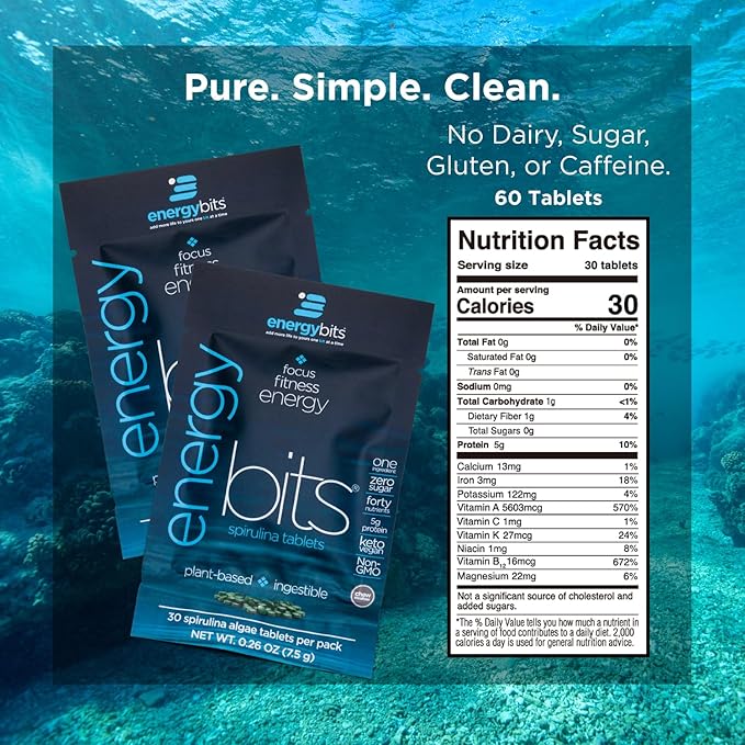 ENERGYBITS - Organic Spirulina Tablets - Plant-Based Algae Superfood - for Focus, Fitness, Energy - Plant Protein - Gluten Free - Collagen, Vitamin B12, Omega 3 - Keto & Vegan - 60 Algae Tablets
