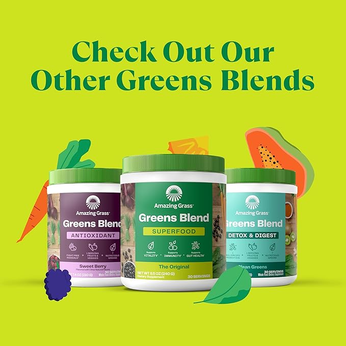 Amazing Grass Greens Blend Superfood: Super Greens Powder with Spirulina, Chlorella, Beet Root Powder, Digestive Enzymes, Prebiotics & Probiotics, Berry, 100 Servings (Packaging May Vary)