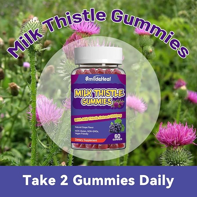 Milk Thistle Gummies, Milk Thistle Extract 1000mg, Liver Detox, Antioxidant Support, Non-GMOs, Non-Gluten, Vegan, Milk Thistle Supplement, 60 Count(Pack of 2)