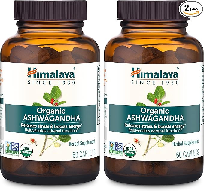 Himalaya Organic Ashwagandha, 120 Day Supply, Herbal Supplement for Stress Relief, Energy Support, Occasional Sleeplessness, USDA Organic, Non-GMO, Vegan, Gluten Free, 670 mg, 60 Caplets, 2 Pack