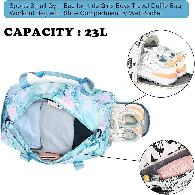 Gym Bag Sports Duffle Bag with Wet Pocket Weekender Overnight Bag with Waterproof Shoe Pouch and Air Hole for Girls Kids Women Travel Foldable Bag