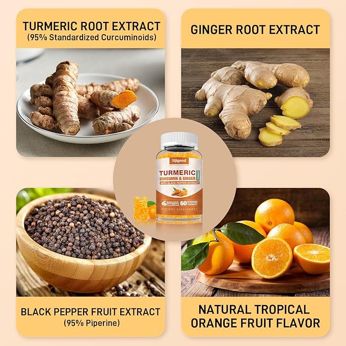 Turmeric Curcumin Gummies with Ginger and Black Pepper Herbal Supplement, Immune Support, Healthy Skin, and Joint Health, for Women, Men and Kids - 60 Orange Flavored Gummies