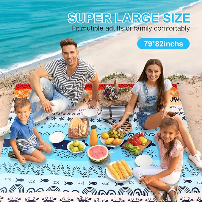 Beach Blanket, Sandproof Beach Mat 79" X 82" for 4-7 Adults, Large Waterproof Beach Blanket Quick Drying Lightweight Beach Blanket with 4 Stakes for Travel Camping Hiking (Sea World)