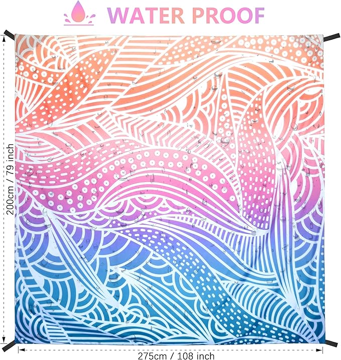 Beach Blanket Waterproof Sandproof Beach Mat for 1-8 Adults Quick Drying Durable Outdoor Picnic Mat for Beach Festival Travel Camping Hiking (Gradiant-Ripple, 79"×108"(6 Person))