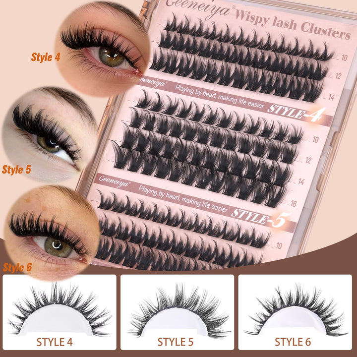 Geeneiya Wispy Lash Clusters 6 Styles Eyelash Clusters Natural Cluster Eyelash Extensions D Curl Individual Lashes 9-16mm DIY Lash Extension for Beginners(Wispy/Manga/Cat Eye/Natural/Spiky/Cross)