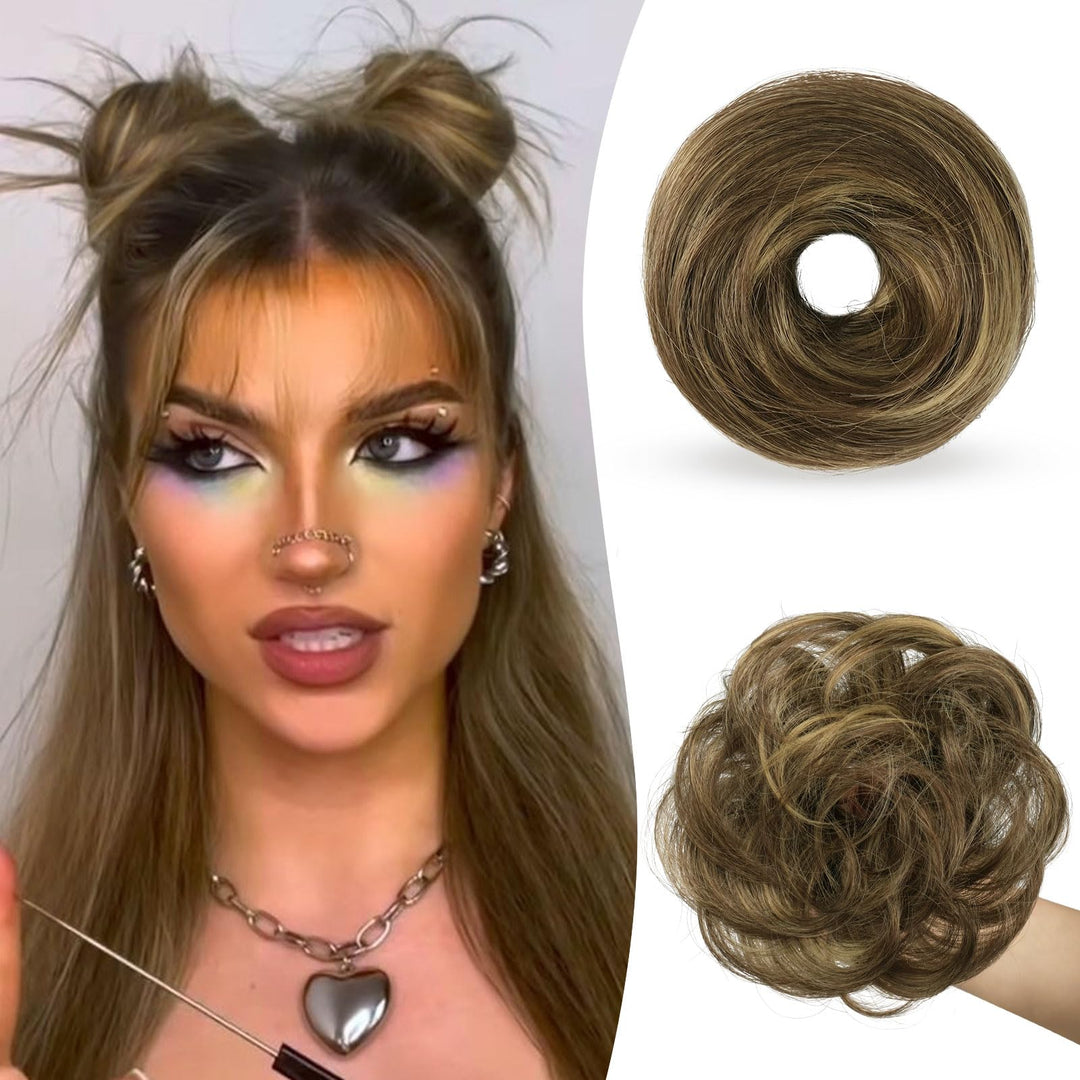 SOFEIYAN 2PCS Messy Bun Hair Piece Wavy Curly Chignon Extension Mini Messy Hair Bun Scrunchies Synthetic Donut Wig Accessory Updo Space Bun Hair Pieces for Women Girls, Blonde & Medium Brown