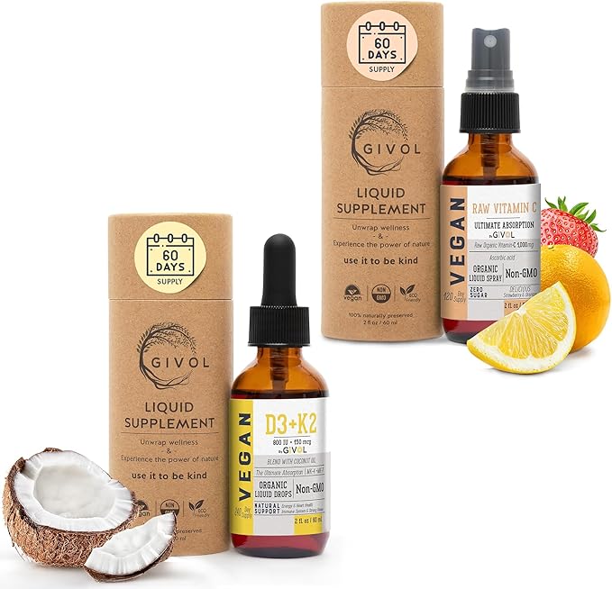 Vitamin D3+K2 Liquid Drops (MK4 & MK7) Organic Fractionated Coconut Oil and Vitamin C Extra Strength Spray Mist: Daily Absorption Liquid Extract, Essential Protein Support, Optimizes Wellness Benefits