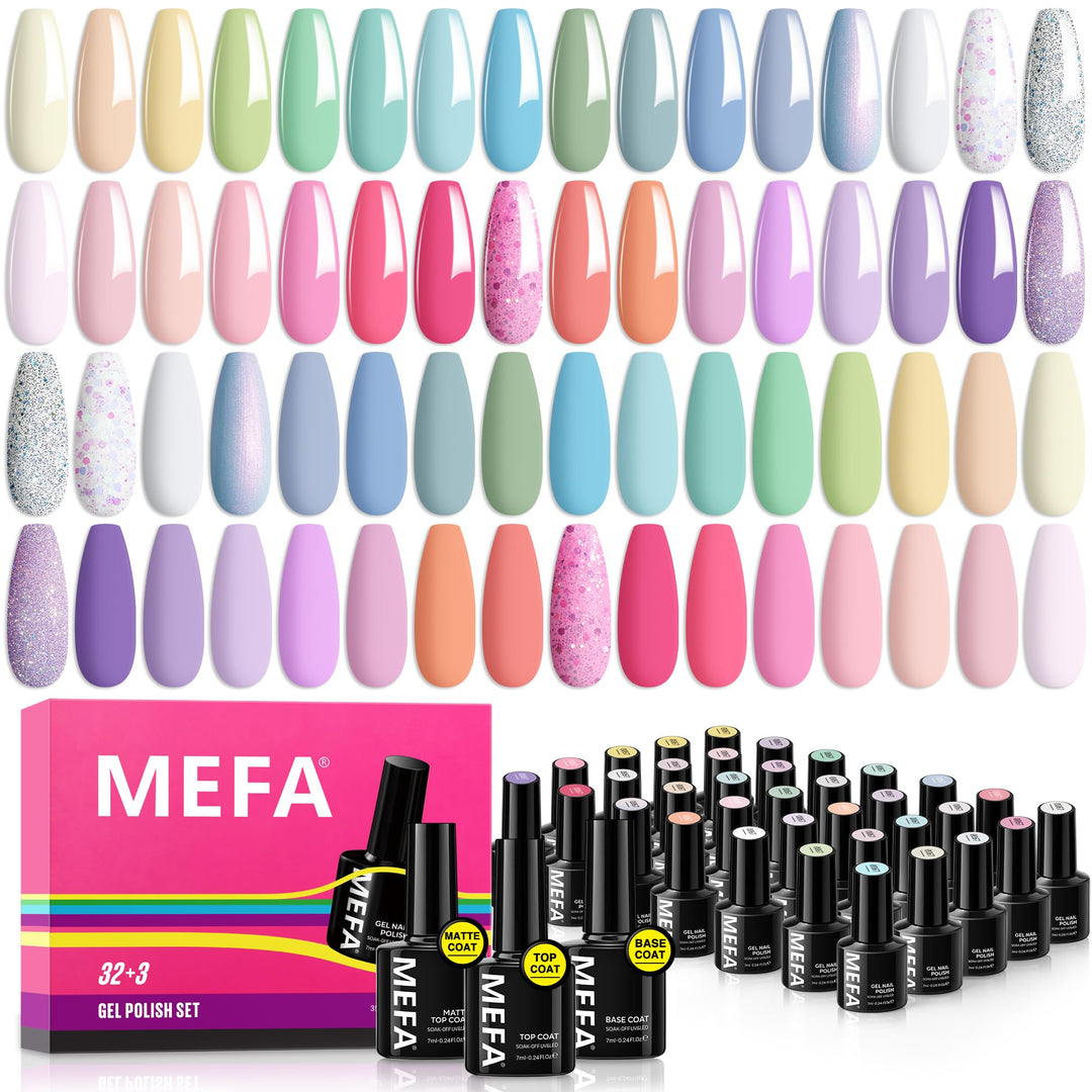 Mefa 35 Pcs Pastel Gel Nail Polish Set, 32 Colors Spring Collection Gel Nail Polish Kit With Base Coat No Wipe Glossy&Matte Top
