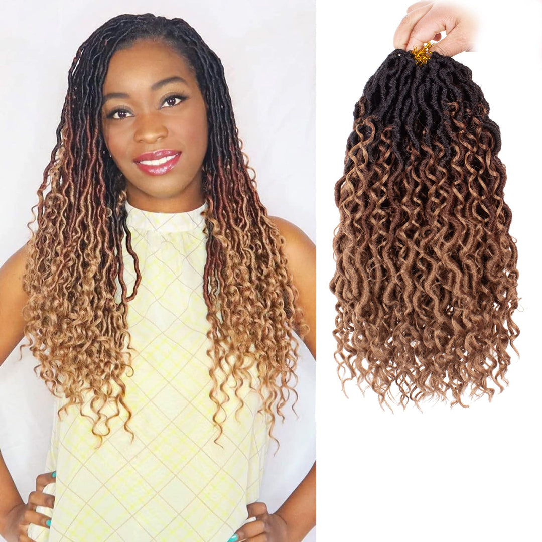 Zrq 8 Packs 14 Inch Goddess Locs Crochet Hair Ombre Boho Faux Locs, 3 Tone Curly Boho Faux Locs Crochet Hair,Pre Looped Hippie L
