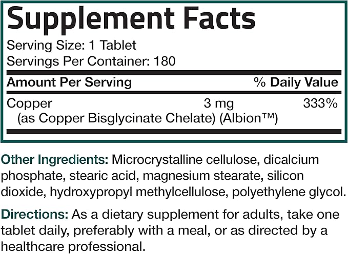 Bronson Copper Glycinate 3mg Chelated Superior Absorption Non-GMO, 180 Vegetarian Tablets