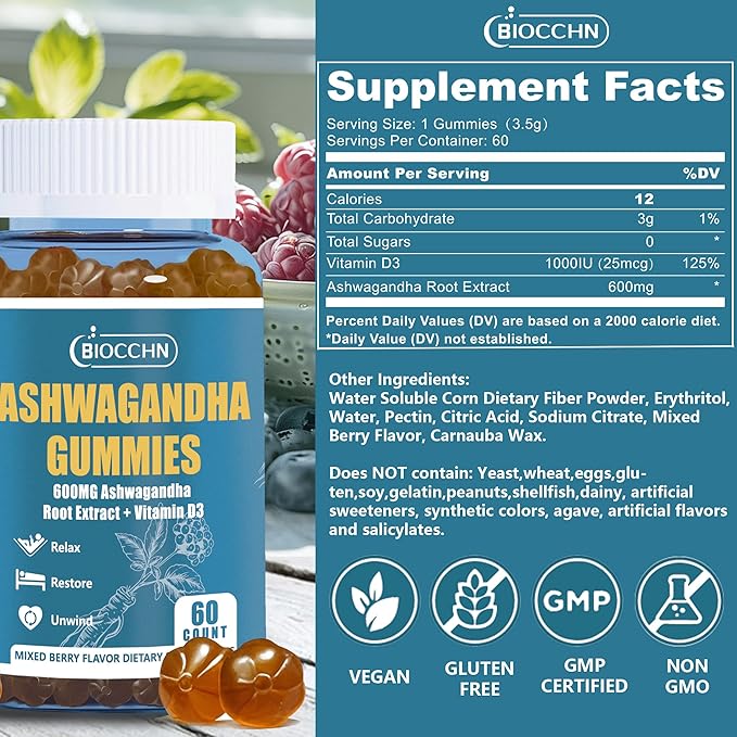 Ashwagandha Gummies ＆ Vitamin D3, Aswangdha Extract Supplement for Women Men(Non-GMO & Gluten Free,Sugar Free)
