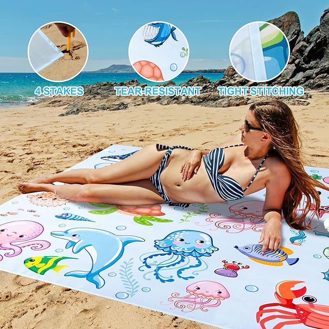 Beach Blanket, Sandproof Beach Mat 79" X 82" for 4-7 Adults, Large Waterproof Beach Blanket Quick Drying Lightweight Beach Blanket with 4 Stakes for Travel Camping Hiking (Ocean)