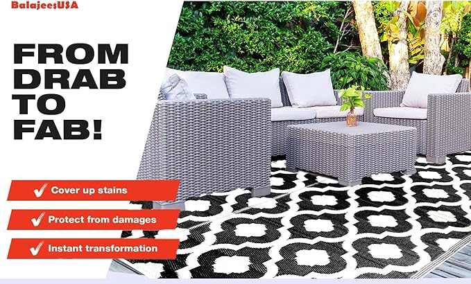 BalajeesUSA Outdoor Rug - 5x7 Black, Reversible Recycled Plastic Straw Outdoor Patio Rugs Clearance Waterproof Large RV Camper Mats 507