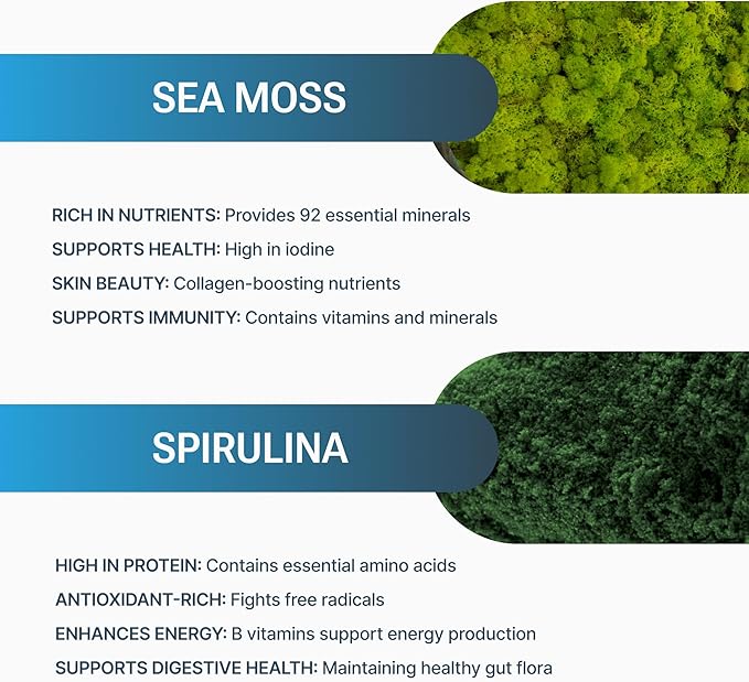 Organic Sea Moss Spirulina, 90 Capsules, 100% Organic Sea Moss Spirulina, Strength & Endurance- High Potency Sea Moss Supplement, Made in USA, Superfood Capsules for Men & Women, Vegan