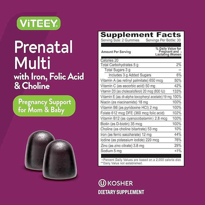 Viteey Prenatal Multi with Iron, Folic Acid & Choline Gummies - Prenatal Multivitamin with Iron, Choline and Folic Acid Gummies - Vegetarian, Gluten Free - Chewable Berry Flavored Prenatal for Women