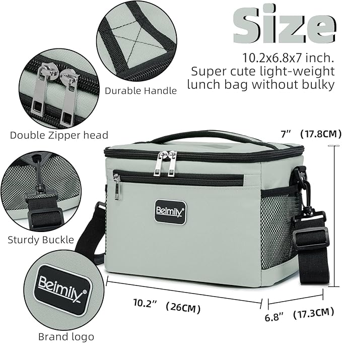 BEIMILY Lunch Bag for Women/Men,Reusable Lunch Box Small Cooler Bag Soft Sided,Leakproof Cooler Bag for Office Work Picnic Beach with Adjustable Shoulder Strap (light grey), 2311A