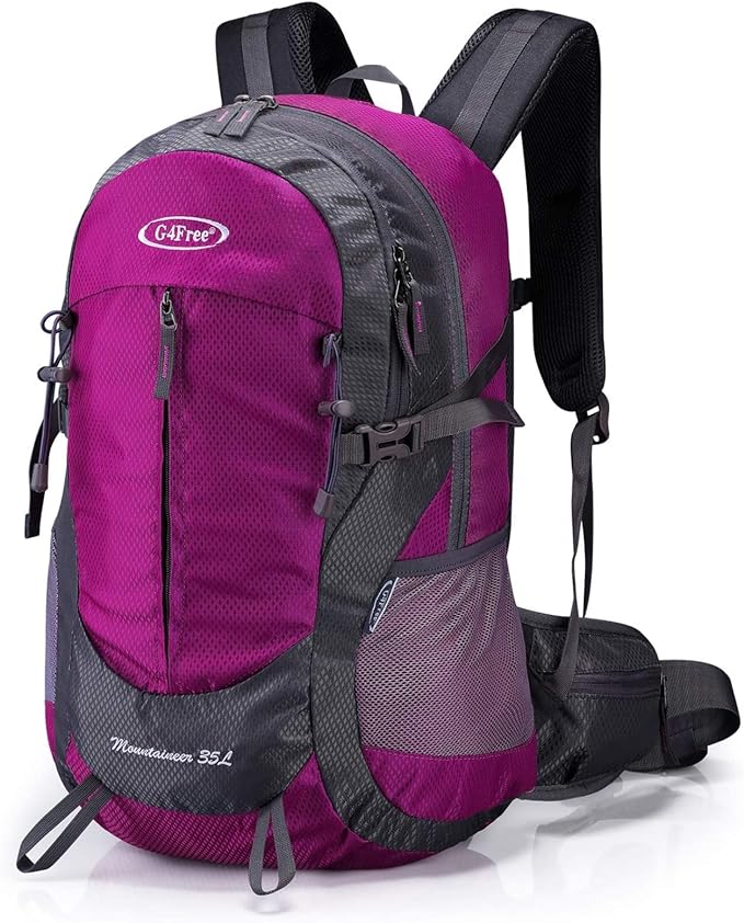 G4Free 35L Hiking Backpack Water Resistant Outdoor Sports Travel Daypack Lightweight with Rain Cover for Women Men(Rose Red)