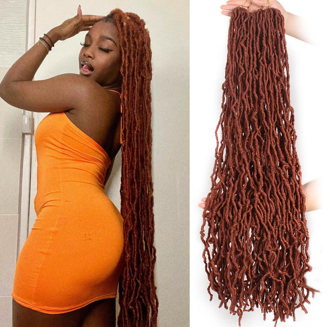 Zrq Copper Red 36 Inch New Faux Locs 6 Packs Goddess Faux Locs Curly Wavy Hair Pre-Looped Synthetic Most Natural Ginger Long Sof