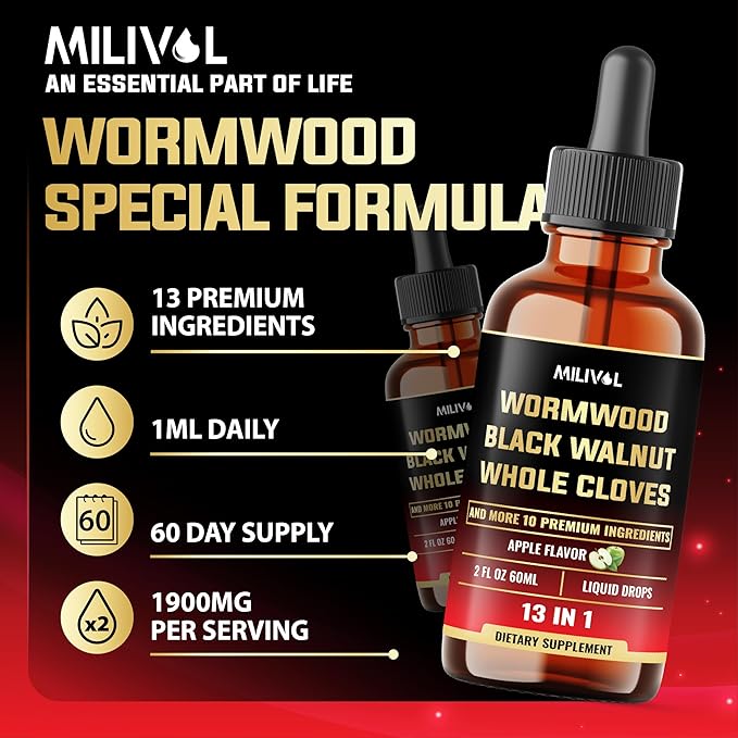 13in1 Wormwood Liquid Drops - 1900mg Black Walnut Wormwood Liquid Extract with Whole Cloves & More - 60 Day Supply - 2 Fl Oz