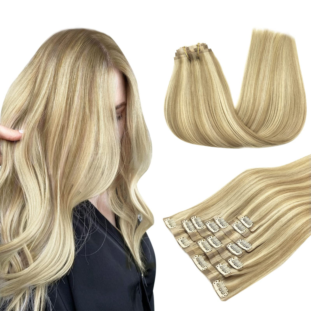 Maxita Human Hair Extensions Clip In, Light Blonde Highlighted Golden Blonde 7Pcs 150G 22 Inch, Clip In Hair Extensions Real Hum