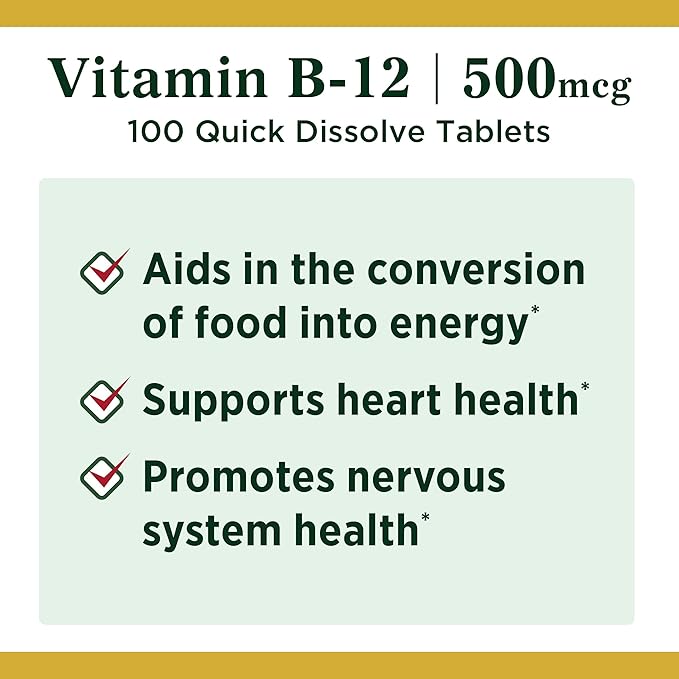 Nature's Bounty Vitamin B12, Supports Energy Metabolism and Nervous System Health, 500mcg, 100 Quick Dissolve Tablets (Pack of 2)
